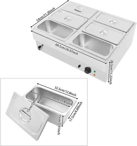 Miniatura 7 de Calentador de alimentos comercial de 6 bandejas, mesa de vapor eléctrica de 850 W, 3.2 cuartos de galón, encimera de buffet Bain Marie de acero