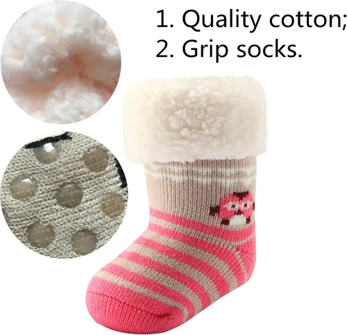 Miniatura 4 de 3 Pairs Toddler Girl Boy Sherpa-lined Fuzzy Socks Anti Skid with Grips, Baby Girl Boy Christmas Socks Kids Slipper Socks