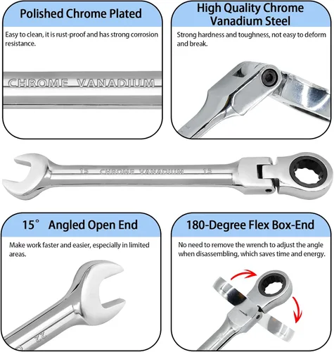 Miniatura 3 de Llave de trinquete de cabeza flexible de 15 mm, llave combinada de acero al cromo vanadio de 12 puntas con engranaje de trinquete de 72 dientes