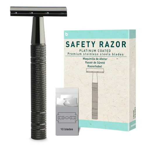 Miniatura 13 de Maquinilla de afeitar de seguridad azul, navajas de una sola hoja para hombres Reusable Metal Razor, with 10 Platinum Coated Double Edge Blades
