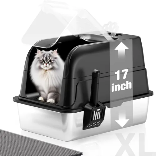 Caja de arena para gatos de acero inoxidable con tapa, caja de arena grande XL cerrada para gatos de alta cara, caja de metal para gatos con tapa