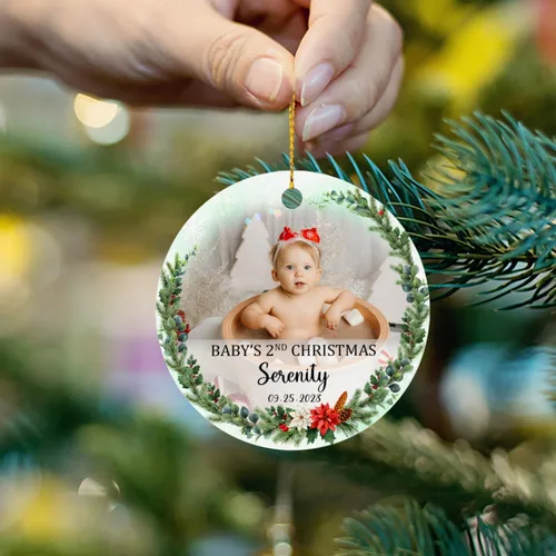 Miniatura 5 de Adorno de Navidad de la segunda Navidad del bebé 2026, marco de fotos de corona, adorno de segunda Navidad para papá, mamá, nombre de bebé