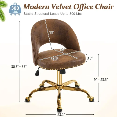 Miniatura 2 de VINGLI Silla de Oficina Pequeña de Terciopelo Moderno, Linda Silla de Escritorio con Ruedas, Base/Tachuelas Doradas, Cómoda Silla Giratoria sin