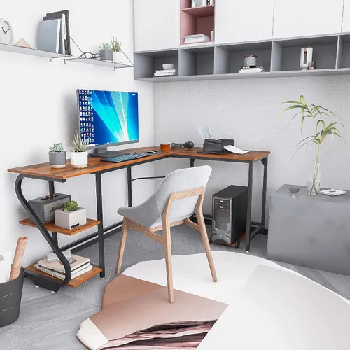 Miniatura 7 de Weehom Escritorio reversible en forma de L con estantes, escritorio de esquina grande para computadora, escritorio de juegos para oficina en casa