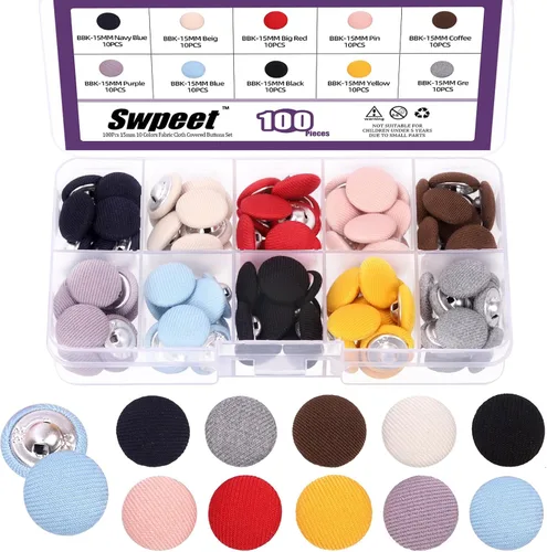 Miniatura 8 de Swpeet Kit surtido de 100 botones redondos de 10 colores, 0.492 in de tela cubierta de tela de tela de 0.492 in, perfecto para bodas nupciales