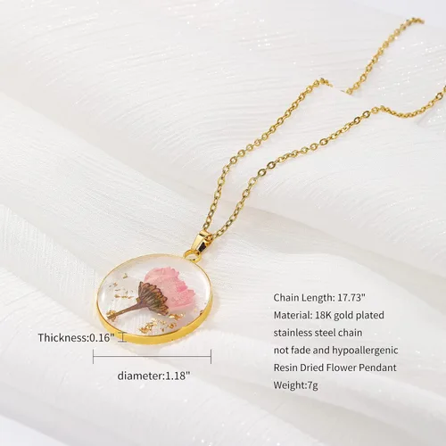 Miniatura 3 de BIRDAYPRE Handmade Pressed Flower Pendant Necklace Birth Flower Necklaces Round Resin Necklace for Women Girls 18K Gold Plated Chain Flower Jewelry