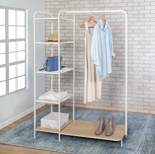 Miniatura 2 de Honey-Can-Do Perchero para ropa, perchero con estante de madera, independiente, fácil de montar, metal resistente, solución de almacenamiento