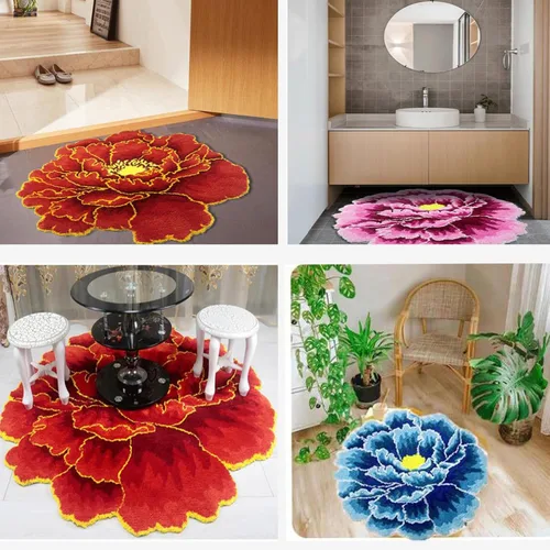 Miniatura 7 de HM&DX Alfombra de baño con forma de flor de peonía, tejida a mano, redonda, con forma de flor, suave, esponjosa, absorbente, tapete de baño, Azul