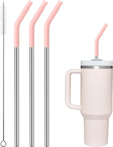 Miniatura 80 de Pajitas de metal rectas para vaso Stanley de 40 onzas, paquete de 3 popotes reutilizables de acero inoxidable con puntas de silicona y cepillo Gris