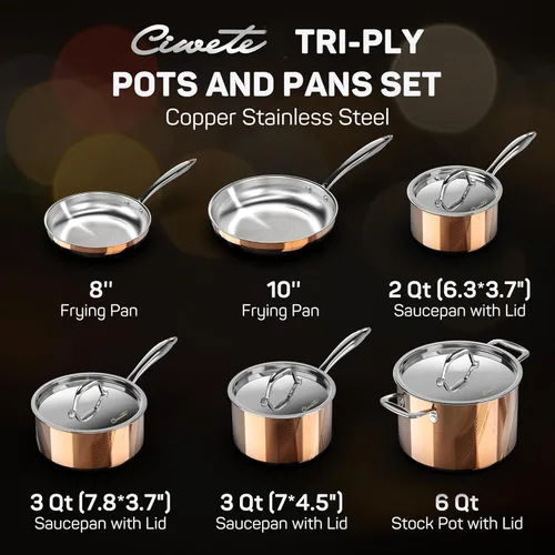 Miniatura 7 de Ciwete Juego completo de utensilios de cocina de acero inoxidable 18/10 de triple capa, juego de 10 piezas de elegantes ollas y sartenes de cobre