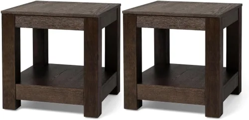 Maven Lane Paulo - Juego de 2 mesas cuadradas de 22 pulgadas con almacenamiento, madera maciza marrón, ideal para sala de estar y dormitorio