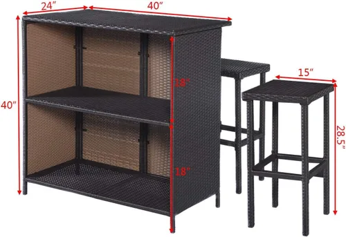 Miniatura 6 de ReunionG Juego de 3 taburetes de mimbre y mesa de mimbre para exteriores, con 2 estantes de almacenamiento para césped, piscina, patio trasero