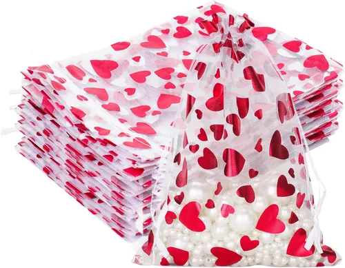 Miniatura 11 de G2PLUS - Bolsas de organza de corazón, 50 bolsas de regalo con cordón transparente de 4 x 6 pulgadas Pink Mesh Bags with Gold Foil Hearts for