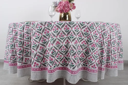 Miniatura 55 de Ridhi Mantel redondo con estampado de bloque a mano, 100% algodón, reutilizable, color rosa flamenco, de 60 pulgadas, mantel decorativo para uso
