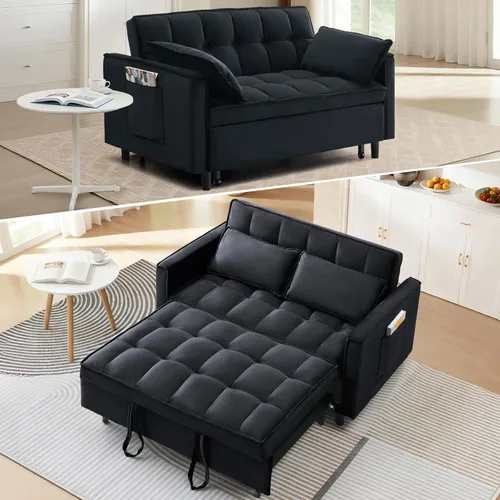 CAPCAEK - Sofá cama convertible 3 en 1, sofá biplaza de terciopelo moderno con cama extraíble, sofá de salón pequeño con respaldo reclinable, negro