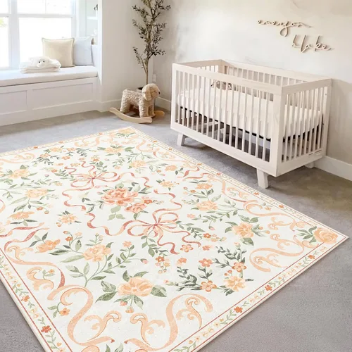 Miniatura 32 de Alfombra de área de 5 x 7 pies para sala de estar, alfombra verde boho antideslizante lavable, alfombra vintage de pelo bajo, alfombra grande