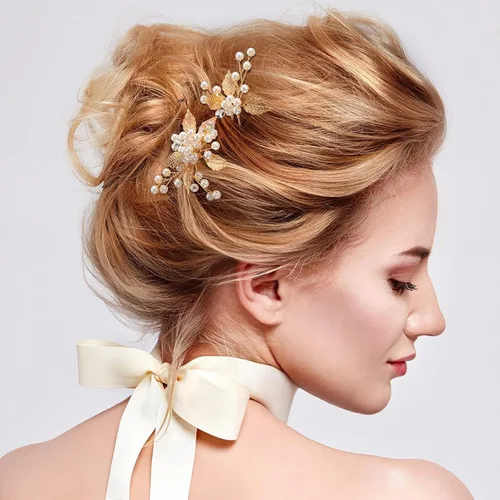 Miniatura 4 de 3 pinzas para el cabello de hoja dorada y perlas de cristal blancas para niñas y mujeres, damas de honor y niñas de flores, pinzas para el cabello