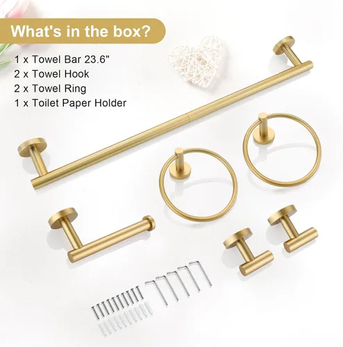 Miniatura 8 de TQKAG Juego de Herrajes de Baño de Oro Cepillado de 6 Piezas Juego de Accesorios de Baño Barra de Toallas Redonda de Acero Inoxidable de 23.6