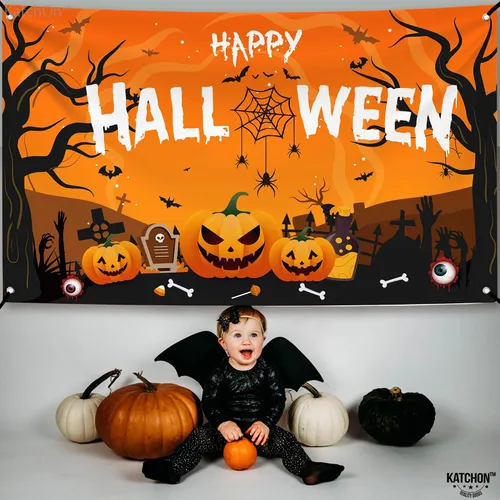 Miniatura 7 de KatchOn Pancarta extragrande de Feliz Halloween, 72 x 44 pulgadas, telón de fondo espeluznante, decoraciones de fiesta naranja y negro, pancarta