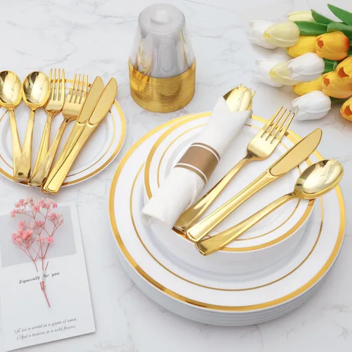 Miniatura 5 de Goodluck Juego de vajilla de plástico dorado de 350 piezas para 50 invitados, elegantes platos desechables para fiesta, incluye: 50 platos de cena