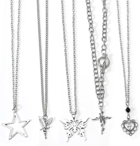 Miniatura 10 de Juego de 10 piezas de collar Y2k para mujer, accesorios góticos grunge, collares de joyería, cruz gótica, espinas de hadas, ángel gótico, corazón