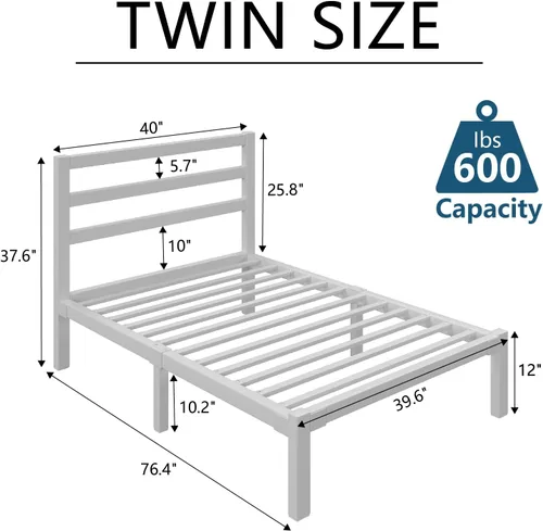 Miniatura 2 de LoVinson Marco de cama tamaño Twin, base de cama de plataforma resistente con base de metal fuerte, almacenamiento debajo de la cama, base de Blanco