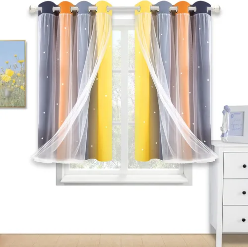 Miniatura 17 de Cortinas opacas con recorte de estrellas y arcoíris para guardería/habitación de niños/niñas, con superposición de tul, 2 paneles, cada una de 52