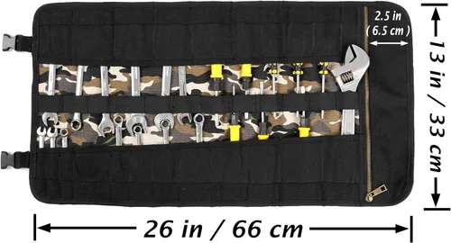 Miniatura 2 de Rollo de almacenamiento de herramientas, lona encerada resistente de 16 onzas, bolsa de herramientas enrollable (23 bolsillos y asa portátil)