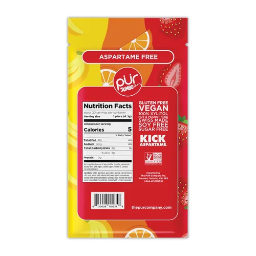 Miniatura 2 de PUR - Chicle Jumbo Chicle sin aspartamo 100% xilitol Sabor natural a fresa, plátano, naranja, 20 piezas (paquete de 10)
