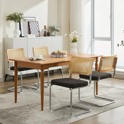 Miniatura 2 de ODUSE-DAILY Black Modern Rattan Dining Chairs Set of 4, Linen Fabric Upholstered Kitchen & Dining Room Chairs Set of 4, Sillas de Comedor, Cane