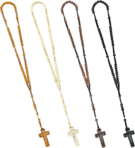 SHAOQINLIN Rosario hecho a mano, 12 cuentas de madera, rosario hecho a mano, 4 colores, cuentas de rosario de madera, impresión de Cristo Jesús,
