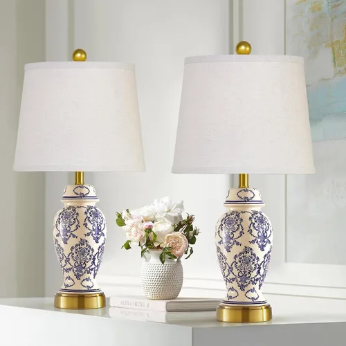 Miniatura 8 de Chinoiserie - Juego de 2 lámparas de mesa de cerámica para sala de estar, dormitorio, mesita de noche, lámpara de mesa clásica de porcelana azul