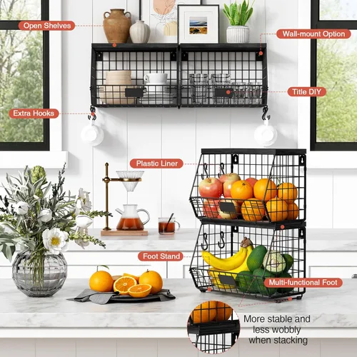 Miniatura 6 de Goozii Set de 2 cestas de almacenamiento colgantes de pared para cocina negras, organizador rústico apilable para encimera de cocina, cestas