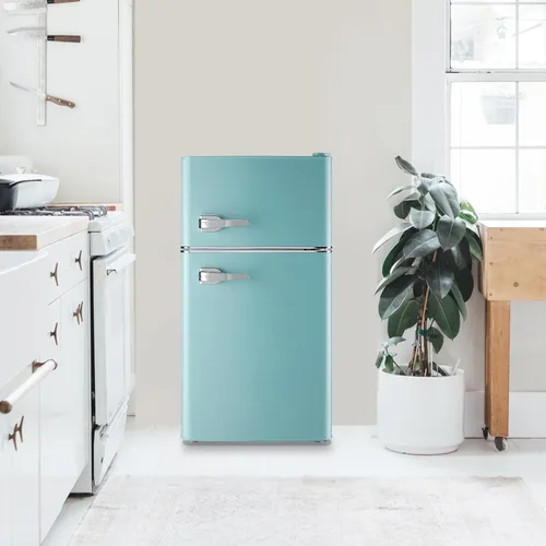 Miniatura 6 de WANAI Mini Refrigerador Compacto Pequeño con Congelador, Mini Refrigerador Retro con Doble Puerta, 7 Termostato Ajustable, Estantes Ajustables Para