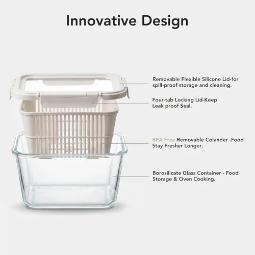 Miniatura 4 de GENICOOK Contenedores de almacenamiento de vidrio para refrigerador, paquete de 2 – Recipientes herméticos para frutas y verduras con coladores