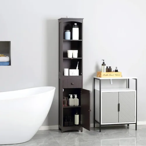Miniatura 2 de HOMCOM Armario de almacenamiento para baño, unidad de almacenamiento de baño independiente, torre alta de lino con estantes y cajón de 3 niveles