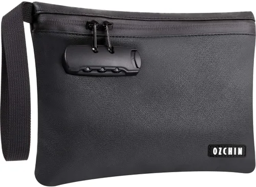 OZCHIN Bolsa a prueba de olores con cerradura de combinación de 10 x 7 pulgadas, bolsa de bloqueo de piel sintética impermeable con cerradura, gran