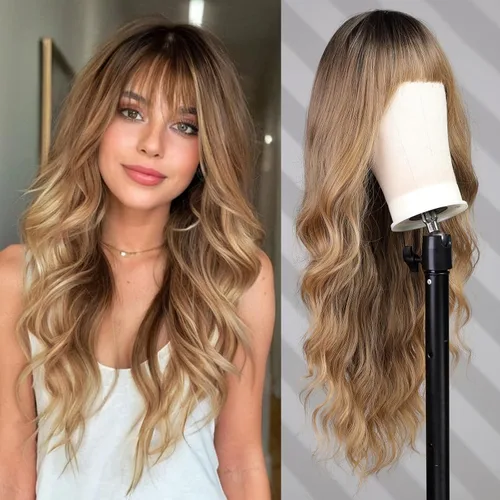 Miniatura 11 de Pelucas rubias cenizas para mujer, peluca larga recta en capas con flequillo, cabello sintético natural con raíces oscuras