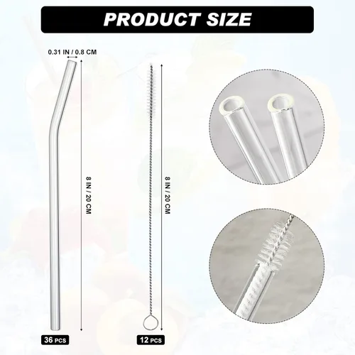 Miniatura 2 de Hosuly 36 pajitas de vidrio reutilizables a granel de 8 pulgadas x 0.315 in, dobladas de vidrio curvadas con cepillos de limpieza, popote de viaje