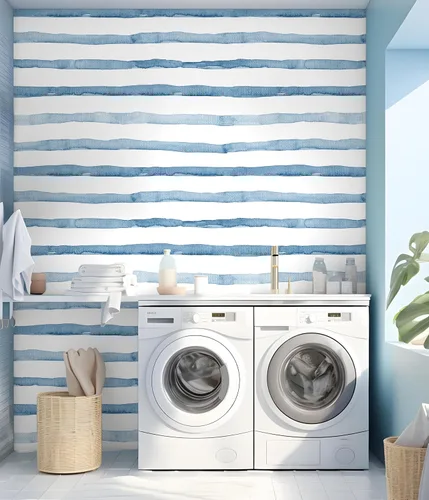 Miniatura 5 de HAOKHOME Papel tapiz a rayas para despegar y pegar, costero bohemio, extraíble, color azul índigo/blanco, vinilo autoadhesivo para decoración