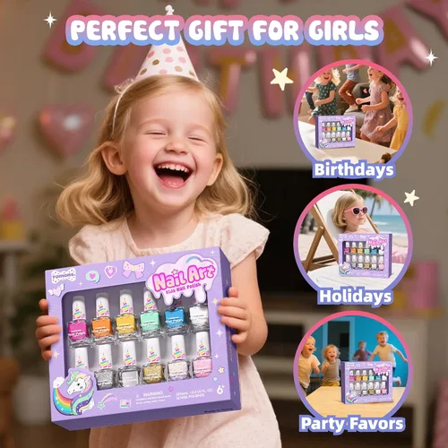 Miniatura 8 de Tomons Juego de esmalte de uñas para niños, 12 colores no tóxicos a base de agua de secado rápido y desprendible, kit de arte de uñas DIY para niñas
