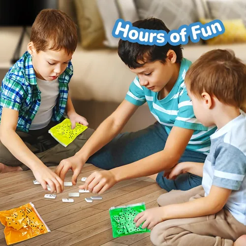 Miniatura 7 de ArtCreativity Juego de dominó – Paquete de 12 – Cada juego de dominó incluye 28 piezas por bolsas rosa neón, amarillo, verde y naranja – Gran