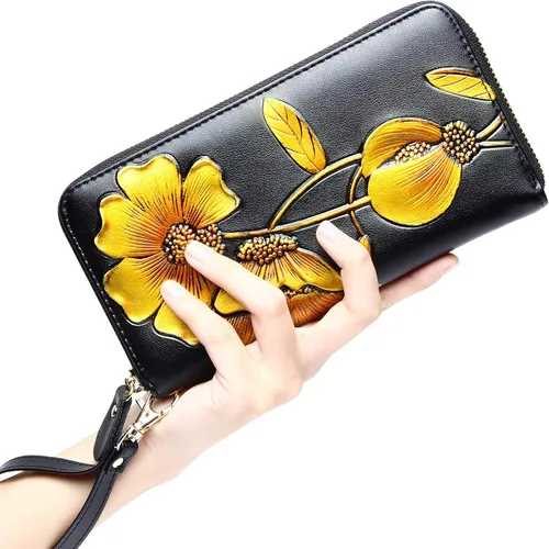Miniatura 55 de Badiya Billetera para mujer con bloqueo RFlD de cuero con cremallera alrededor de carteras de gran capacidad