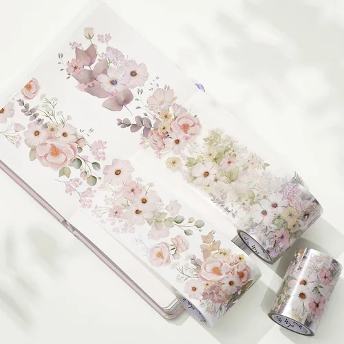 Miniatura 4 de WT Cinta de PET ancha rubor, rollo individual, diseños originales, cinta decorativa floral rosa acuarela, adhesivo transparente para diario, álbumes