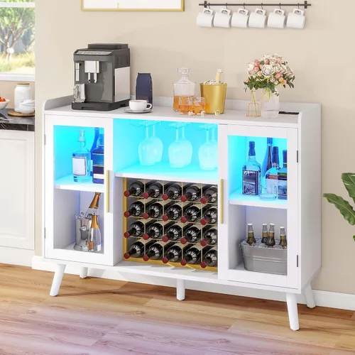 Miniatura 4 de DWVO Armario de bar de vinos con luces LED y tomas de corriente, gabinete de barra de café de 53 pulgadas para licor y vasos, aparador moderno