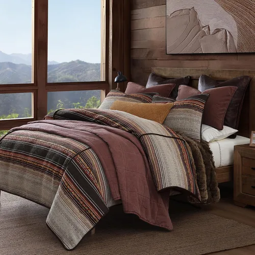 Paseo Road Estes Western Bedding - Juego de edredón de 2 piezas, tamaño individual, juego de cama rústica a rayas de cobre, detalles de piel