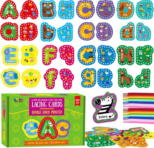 52 tarjetas con cordones, 26 tarjetas de costura en mayúsculas y minúsculas de doble cara con 52 cordones coloridos, juegos de juguetes de