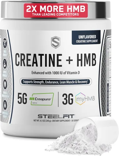 SteelFit Creatine HMB Powder - 0.18 oz Creapure Creatine Monohidrato en polvo, 0.11 oz myHMB y 1000 UI de vitamina D - Suplemento de entrenamiento