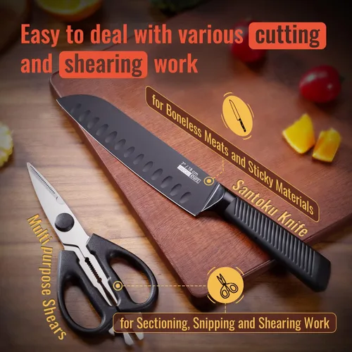 Miniatura 6 de Juego de cuchillos de cocina de 15 piezas con 6 cuchillos de carne con afilador, cuchillo de chef, cuchillo de acero inoxidable de alto carbono Negro