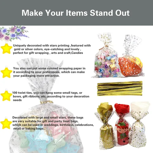 Miniatura 4 de 100 bolsas de regalo de celofán con estampado de estrellas, de 6 x 10 pulgadas, bolsas de regalo de celofán, bolsas de regalo de fiesta, bolsas